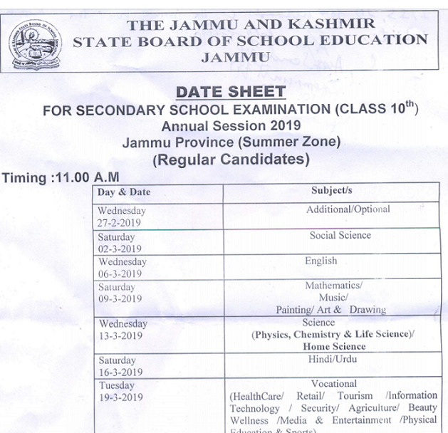JKBOSE 10th Date sheet 2019 for Jammu Division