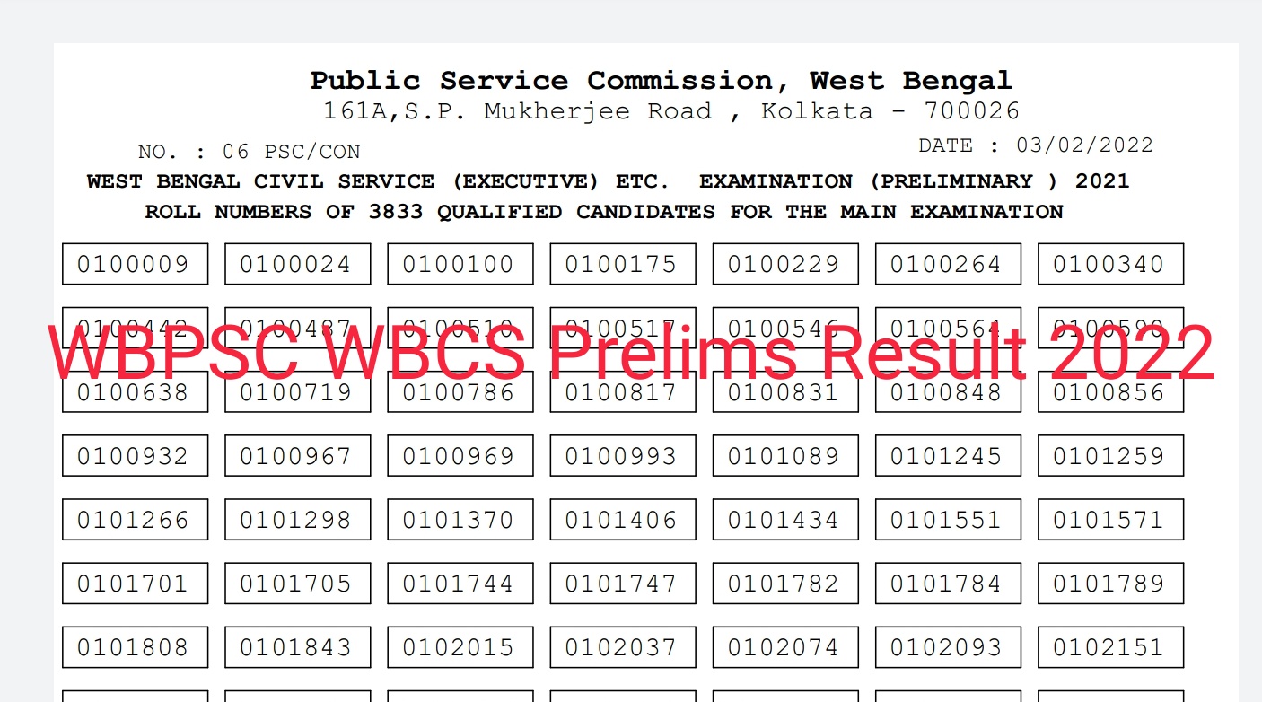 WBPSC WBCS Prelims Exam Result 2022 Pdf